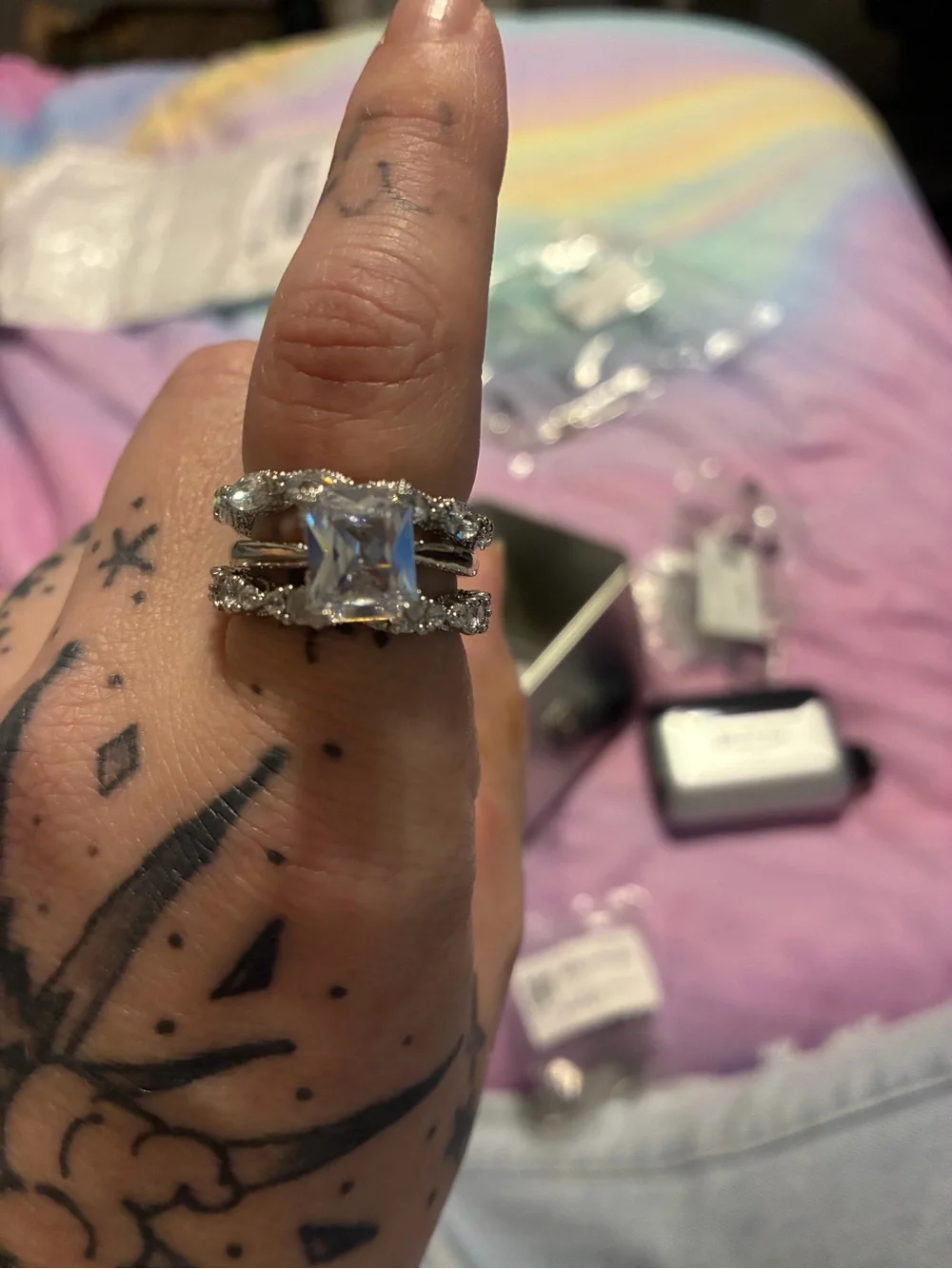 Silver Emerald-Cut Clear Stone Engagement Ring Set